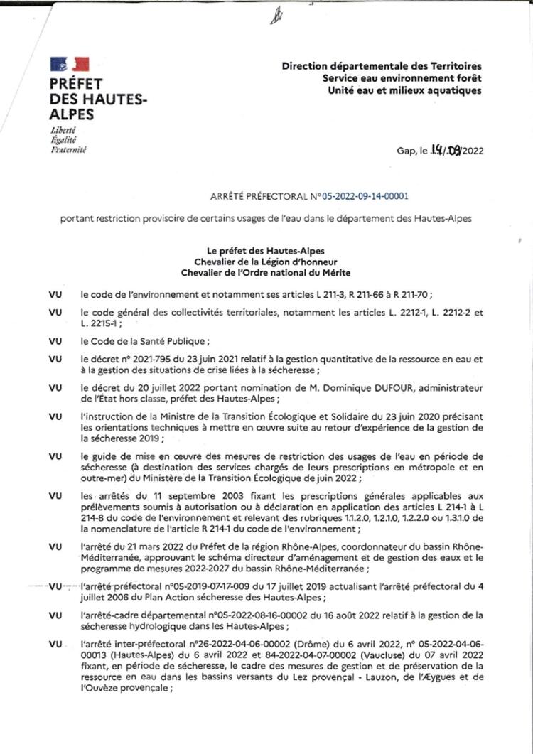 Arrêté Préfectoral portant restriction provisoire de certains usages de l'eau dans le département des Hautes-Alpes :